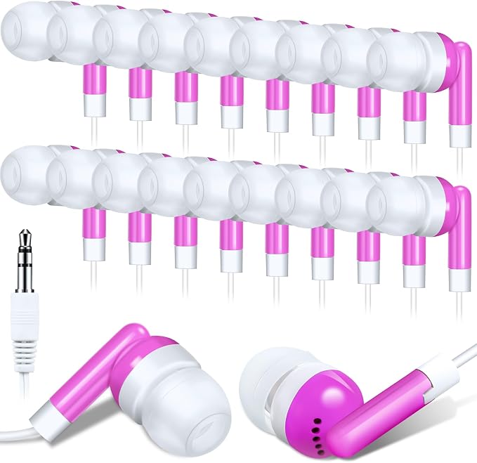 Konohan 100 Pcs Bulk Earbuds with Wire Basic Headphones in Ear for Libraries Laptop, No Microphone 3.5 mm Jack Earbuds Dot Headphones, Individually Bagged (Pink)