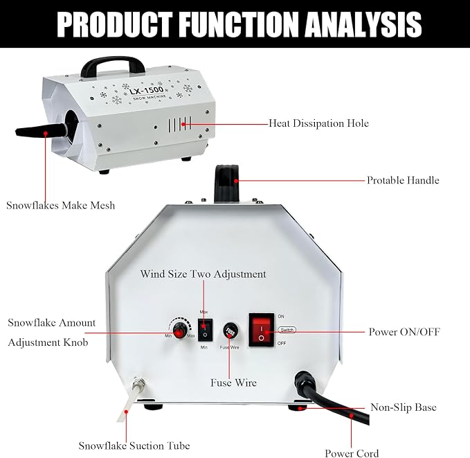 LANGXUN 1500W Snow Machine with Manual & Wireless Remote Control | Large Output Snowmaking Machine for Indoor & Outdoors | Adjustable Snowflake Size | Perfect for Christmas, Weddings, and Parties