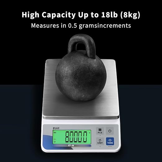 Polit KT-66 Digital Kitchen Scale 18lb/8kg – High-Capacity 0.5g Precision Food & Utility Scale with Stainless Steel Tray for Baking, Cooking, Market Produce and Small Business Weighing