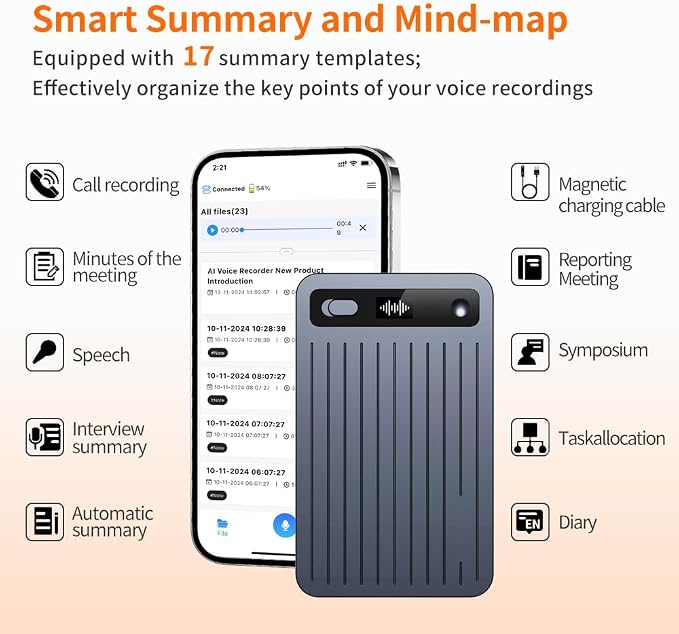 Ultra Slim 64GB AI Notes Voice Recorder w/Case, AI Smart Digital Voice Recorder, Transcribe & Summarize with App, Audio Recording Magnetic for Meetings, Calls.Chat GPT-40 Technology (Titanium Gray)