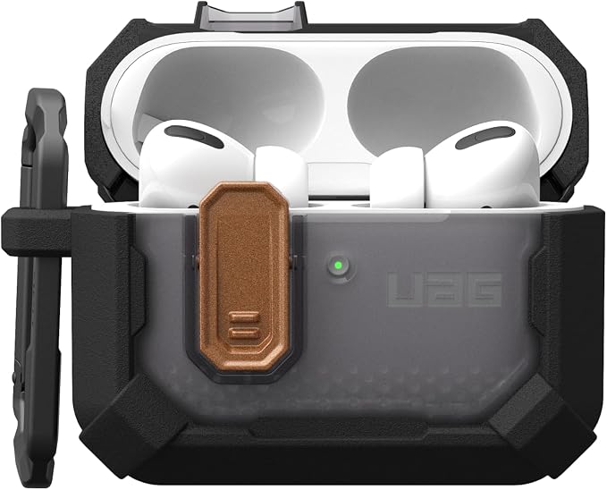 URBAN ARMOR GEAR UAG Designed for AirPods Pro 3rd Gen Case, Rugged Military Grade Drop Proof Protective Cover with Detachable Carabiner Clip & Secure Lip Closure, Plasma Blackout/Aged Bronze