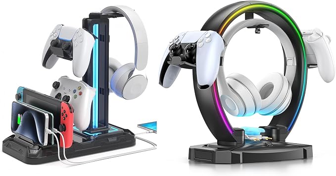 KDD Headset Stand with Charging Station & RGB Headphone Controller Stand with Cable Organizer