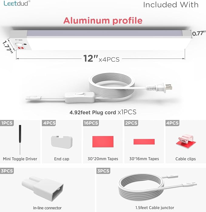Leetdud Under Cabinet Lighting Plug in 12 Inch, 120V Motion Sensor Lights Indoor, 3CCT 3000/4000/5000K, Aluminum Linkable Super Bright LED Counter Light with Timer for Kitchen, Shelf, Closet, 4 Pack