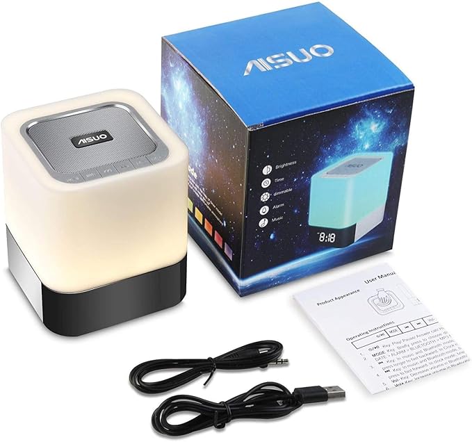 Night Light-5 in 1 Bedside Lamp with Bluetooth Speaker, 12/24H Digital Calendar Alarm Clock, Touch Control, Support TF and SD Card, Music Player, Gift for Girls Boys Teens,Warm White