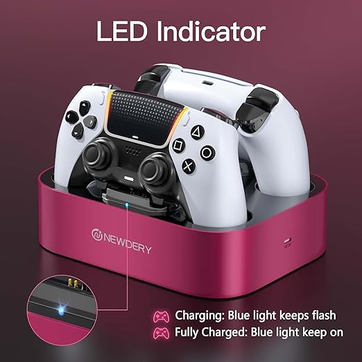 NEWDERY for PS5 Controller Charger Station, Dual Charging Dock for PlayStation 5 DualSense/Edge Controller, Fast Charging Stand with Type-C Cable, Gamer Gift for Women & Girls, Mother's Day