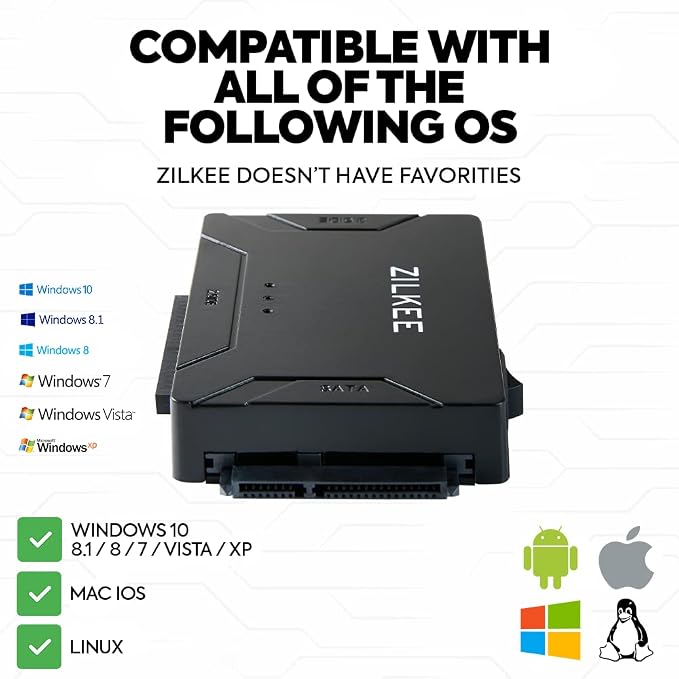 ZILKEE SATA/IDE to USB 3.0 Hard Drive Adapter - Universal Converter for 2.5”/3.5” IDE & SATA HDD/SSD, External Drive Reader with 12V Power Supply, Supports up to 6TB