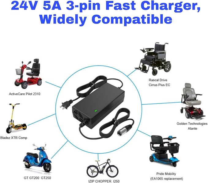 24V (29V) 5A 3-Pin Fast Battery Charger for Wheelchair Lakematic, Pride Mobility, Jazzy Power Chair, for Drive Medical, Golden Technologies, Rascal, Shoprider, Heartway, Bladez, Quantum Power Cord