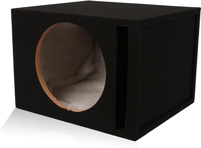 BELVA 1SV12B Single 12” Vented Subwoofer Enclosure – 3/4” MDF Car Sub Box with 1.8 cu ft, Polyfil Lining, Durable Carpet, Gold Terminals, Tuned to 36Hz