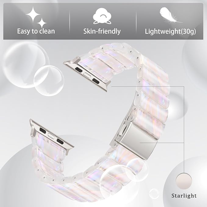 V-MORO Resin Band Compatible with Apple Watch Series 7/8/9/10 46mm/45mm/44mm/42mm Fashion Strap for iWatch Series 6/5/4/3/2/1/SE/SE 2 Lightweight Bracelet Wristband Women(Classic Aurora Starlight)