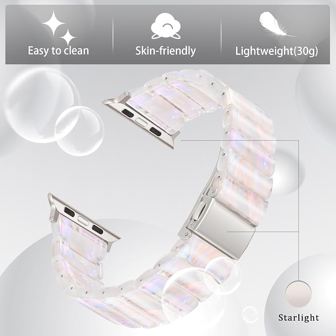 V-MORO Resin Band Compatible with Apple Watch Series 7/8/9/10 41mm/40mm/38mm/42mm Fashion Strap for iWatch Series 6/5/4/3/2/1/SE/SE 2 Lightweight Bracelet Wristband Women(Classic Aurora -Starlight)