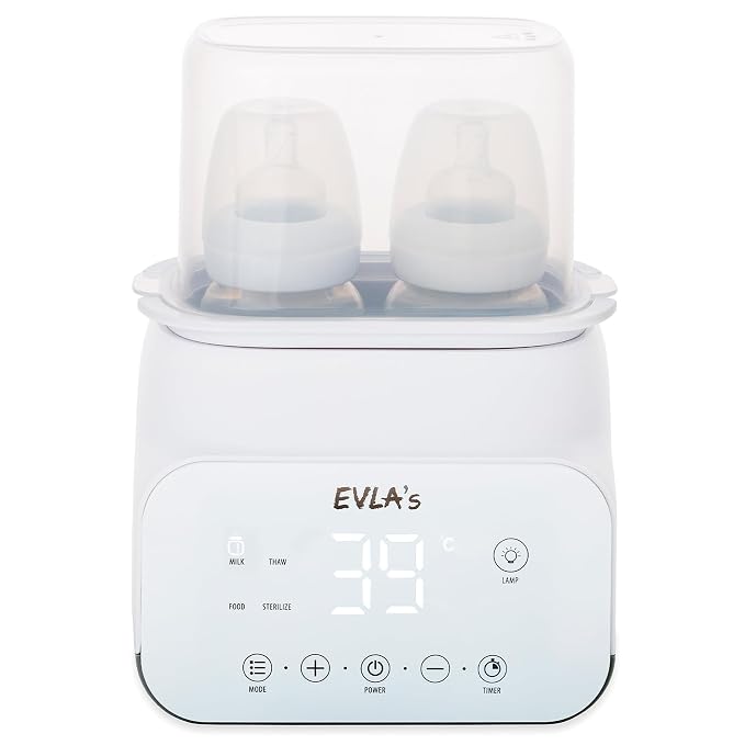 Bottle Warmer - Double Baby Bottle Warmer, Sanitizer, and Milk Defroster - Formula or Breastmilk Heater with Automatic Timer by EVLA’s (White)