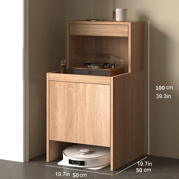Robot Vacuum Stand Cabinet,Storage Cabinet with Doors and Drawers for Robot Vacuum Cleaner,Wood Bathroom Cabinet,Side Table for Living Room, Home Office(White,H100cm/39.3in)
