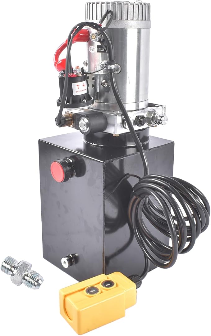 12V DC Hydraulic Pump Power Unit, 0.91 GPM Flow Rate, 8 Quart Metal Reservoir, Single Acting, 3200 PSI Max Pressure, SAE #6 Ports for Dump Trailers, Car Lifts, DIY Hydraulic Systems