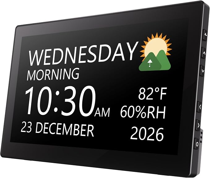 Raynic Digital Clock, 10.1 Inch Large Display Calendar Clock with 12 Themes, 20 Alarms, 20 Reminders, Auto Dimming, 12/24 Hours, Indoor Temperature, Humidity for Seniors, Desk (Black)