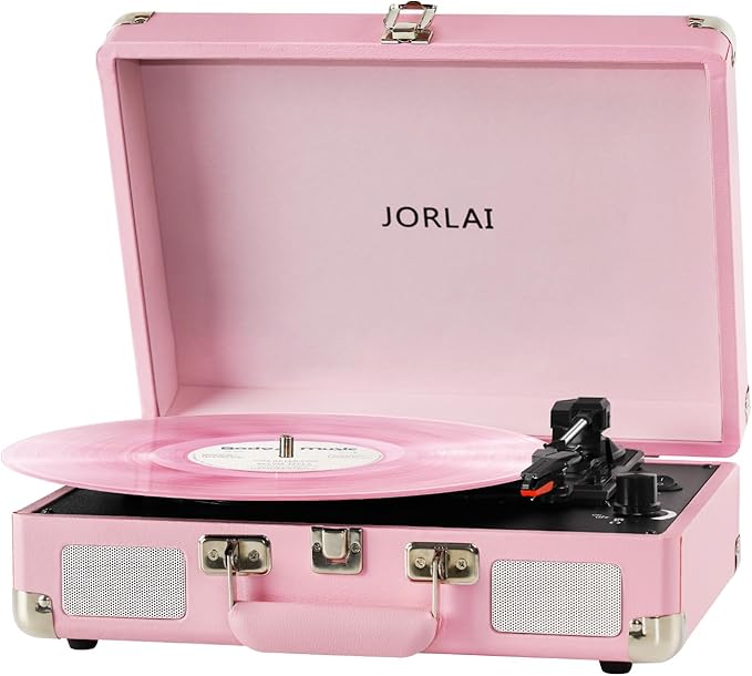 Pink Vinyl Record Player 3 Speeds Portable Suitcase Turntable with Built-in Dual Speakers, Bluetooth Gramophone with Built-in Battery 3.5mm Aux Input/RCA Output