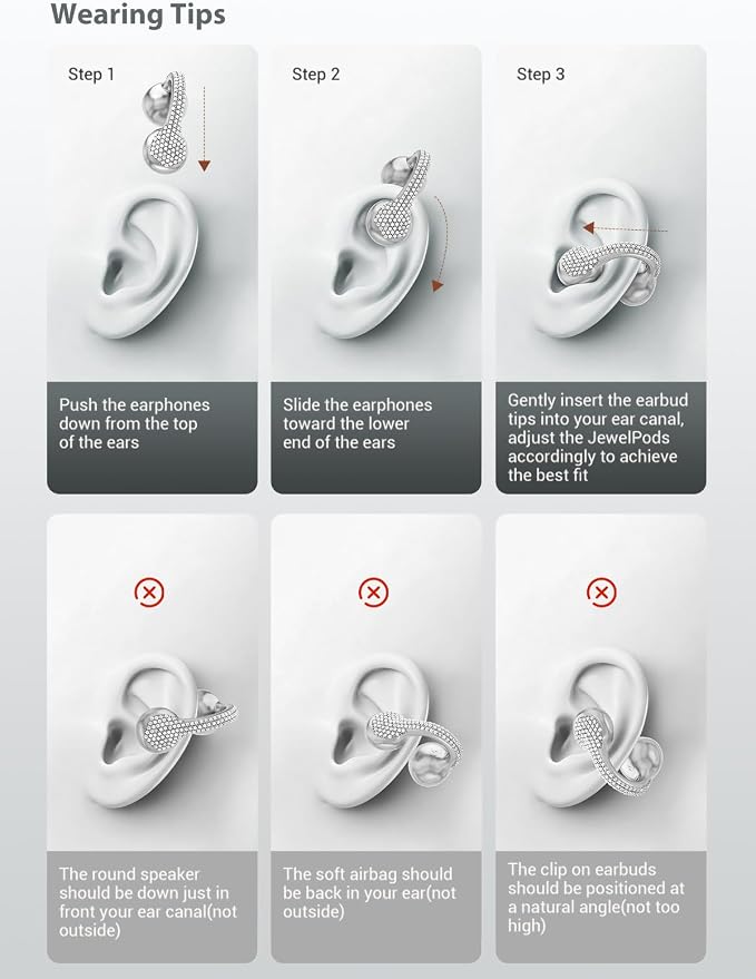 JewelPods C01 Pro Open Ear Headphones, Luxury Jewelry Wireless Earbuds, SLV | Clip-On Wireless Bluetooth Earbuds Secure, Lightweight, Premium Audio-Water Resistant-Up to 72 hrs Play,Gift for Her