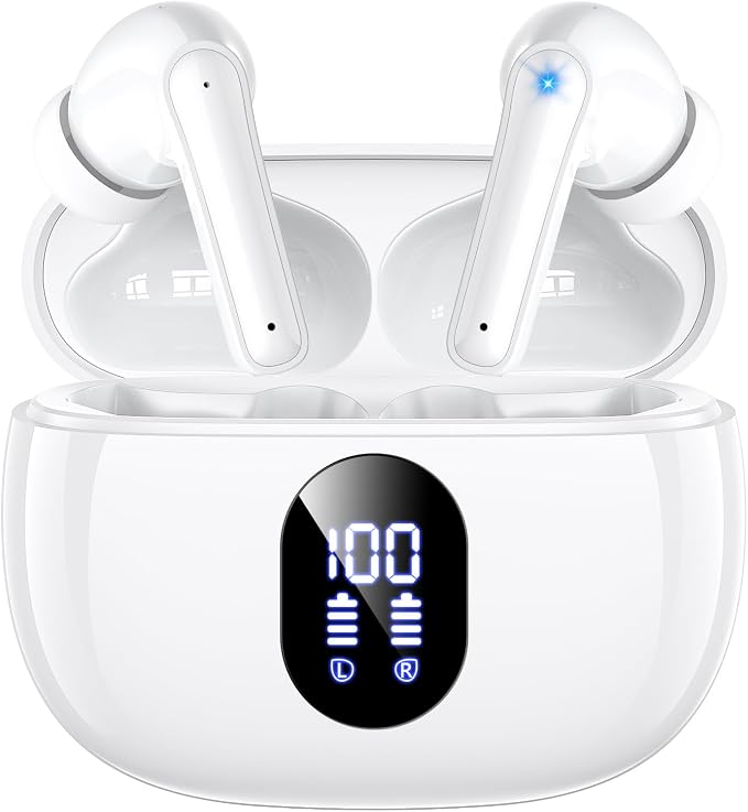 Wireless Earbuds Bass Stereo Headphones Bluetooth 5.3 Ear Buds, 48H Playtime, LED Display in Ear Earphones with Mic, IPX7 Waterproof, Touch Control Lightweight for iPhone/Sports/Laptop BrightWhite