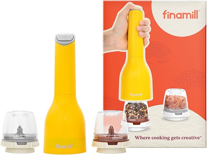 FinaMill Classic Battery Spice Mill – Battery Operated Salt and Pepper Grinder Set, Includes 2 Interchangeable Spice Pods, Adjustable Coarseness, LED Light, Home and Kitchen Gift Set for Father's Day
