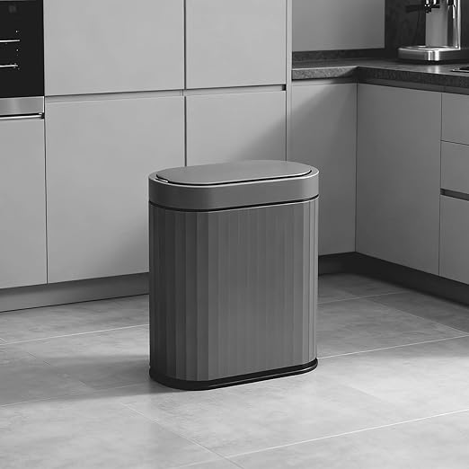 ELPHECO Bathroom Motion Sensor Trash can, 2 Gallon Automatic Garbage Can, Slim Plastic Smart Trash Can with Lid, Commercial Intelligent Trash Bin for Bedroom, Bathroom, Office, Cement Grey Black