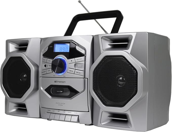 Emerson Portable CD Player Boombox with Cassette Player, Tape Recorder, AM/FM Radio, MP3 AUX Input, Detachable Speakers, AC/DC & Battery Operated – Stereo System for Home, Travel, Indoor & Outdoor Use