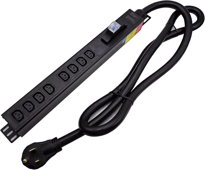 L6-50P 50 Ampere Rack Mounted PDU Power Socket with 8-Position C13 Socket Output Circuit Breaker Protection, Aluminum Alloy Shell 6-Foot 8AWG Cable (C13-08-S)