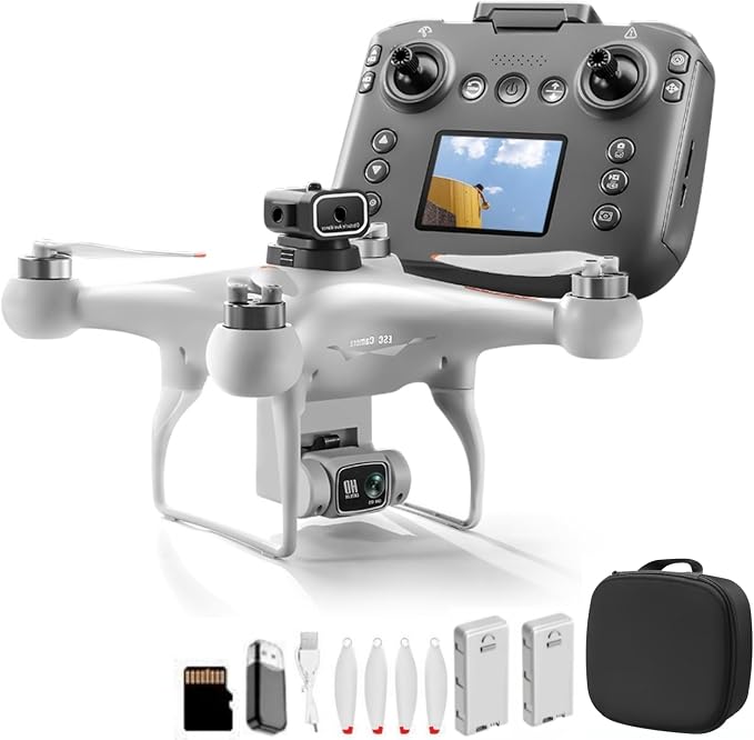 Hobby RC Drone with Screen-equipped Remote Controller, Dual Cameras & Optical Flow Positioning. Built with 6-Channel Gyro and Brushless Motor. Features Headless Mode, Hovering, One-Key Takeoff and Altitude Hold. Comes with 2 Batteries. Easy-to-operate ...