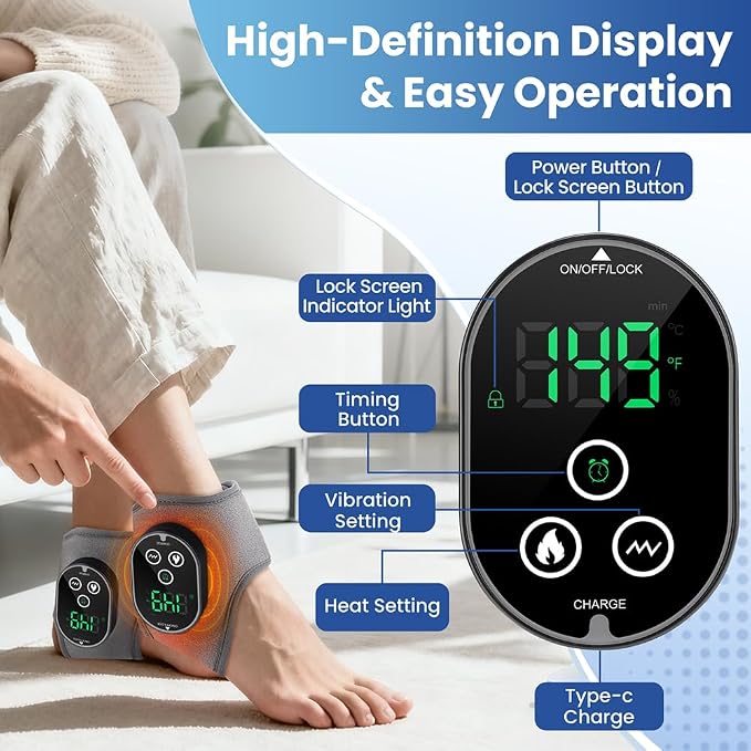 2PCS Cordless Ankle Heating Pad with Massager | Foot and Ankle Massager with Heat, Rechargeable Heated Foot Brace Wrap, 3 Vibration Modes, 4 Heating Modes