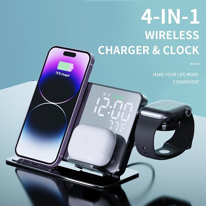 All-in-one Wireless Charger,Clock,Alarm,Calendar,Temperature Display,15W Fast Charging.Wirelessly Charge Phone,Watch,Earbuds simultaneously,Compatible with Qi-Enabled Devices,W669 Black.