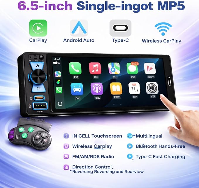Single Din Car Stereo, 6.5 Inch in-Cell Touch Screen, Wireless Apple CarPlay Android Auto, Bluetooth 5.2, 180W Amplifier, Car Radio, Dual USB + Type-C, Backup Camera, Universal Fit for One Din Cars