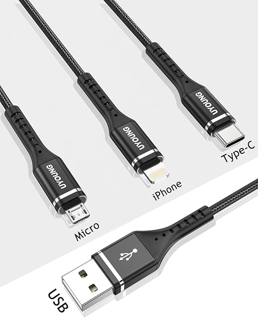 Short Multi Charging Cable 1FT 2Pack 3 in 1 Charger Cord Braided Universal Phone Cords with Lightning/Type C/Micro USB Connectors, Multiple USB Cable for iPhone/Samsung/Google Phones and More