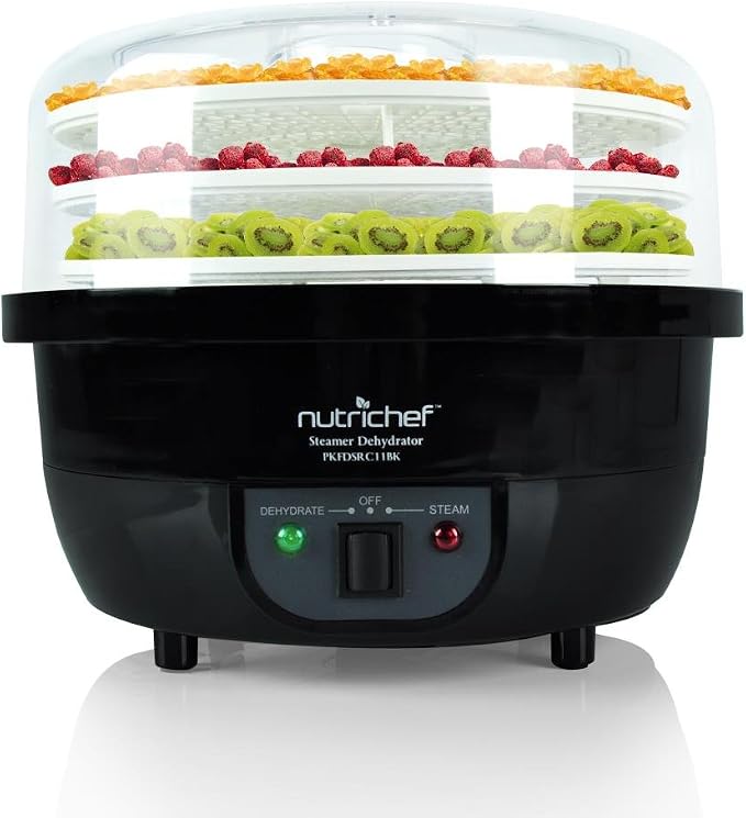 NutriChef Food Dehydrator Machine and Professional Electric Steamer, Cooker, Meat Preserver, Beef Jerky Maker, Fruit Dryer, Steams Rice and Vegetables with Stackable Trays in Black