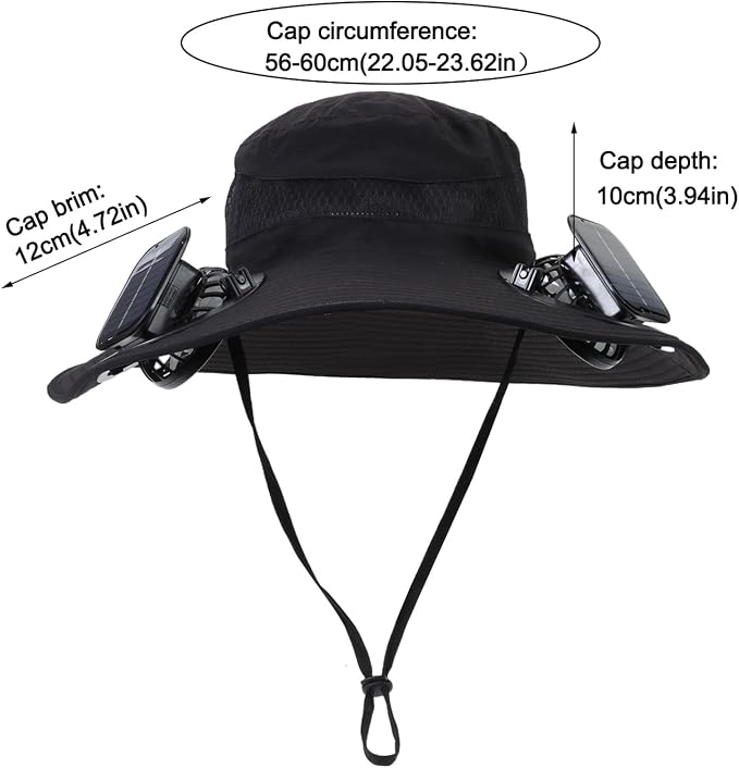 Outdoor Solar Powered Fan Hat for Men Women Breathable Wide Brim Hat with 2 Fans UPF 50+ Fishing Hat Beach Bucket Sun Hat