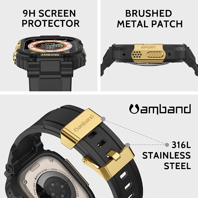 amBand Compatible with Apple Watch Ultra 3/2/1 Bands for Men, M1 Sport Series Heavy Duty Case Tactical Strap and Screen Protector, Protective Cover Fits iWatch Ultra Bands for Men 49mm - Black Gold