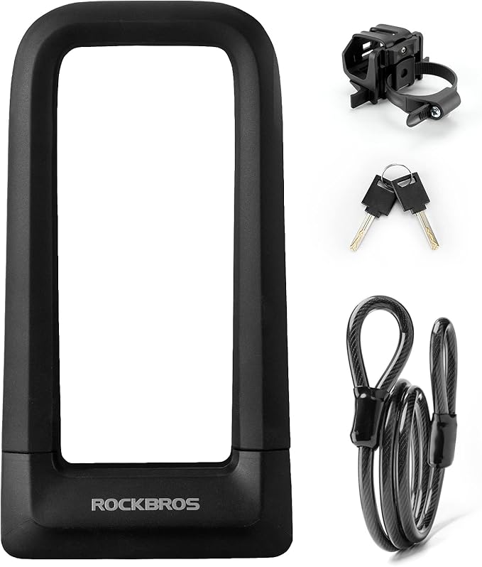 ROCKBROS Bike U Lock, Heavy Duty Anti Theft with Cable Silicone Cover (Max 22.5MM Bike U Lock+Keys+1.2M/4Ft Steel Cable+Mounting Bracket)