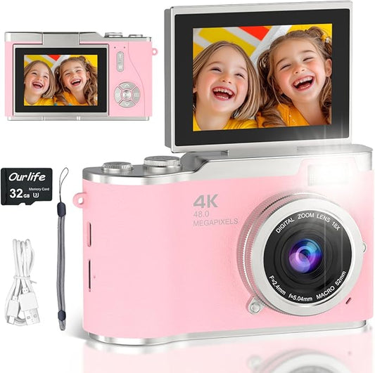 4K Digital Camera,Autofocus 48MP 1080P HD Video Selfie Camera with 180° Flip Screen,Kids Digital Camera 8X Zoom Anti Shake Compact Cameras for Photography,32GB TF Card for Kids Teens Beginner
