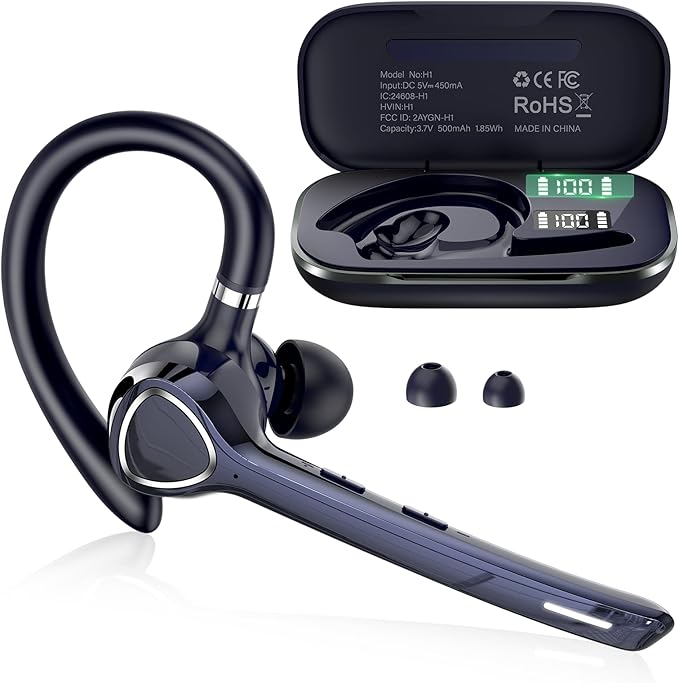 Bluetooth Headset with APTX HD Audio, Wireless Hands-Free Earpiece with CVC 8.0/ENC Dual Mic, Mute Button & Dual Device Connection, 90H Playtime Single-Ear Headphone for Trucker, Business, Navy blue