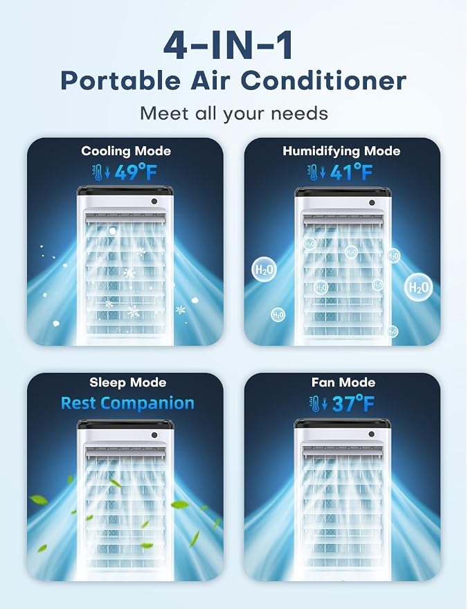 Evaporative Air Cooler, Swamp Cooler Air Conditioner w/ 12H Timer for Auto-off, 6 Upgraded Ice Packs, 3-Speed Windowless Air Conditioner, Smart Remote, Dual Tank Portable Air Cooler for Room
