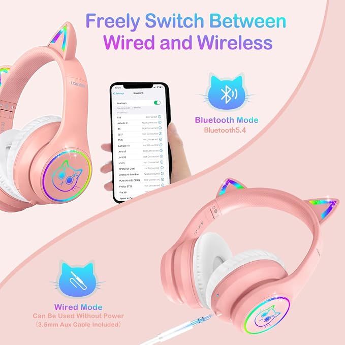 LOBKIN Bluetooth 5.4 Kids Headphones with Case - RGB LED Light Up Cat Ears Foldable Adjustable Over Ear Headphone Support Wireless or 3.5mm Wired Mode for Toddler & Girls & Boys Teens