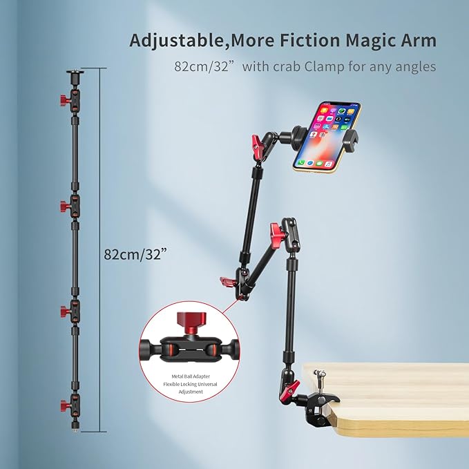 Adjustable Articulating Magic Arm with Clamp and Phone Holder Clip for Desk Mount, Desk Stand, Cell Phone Tripod