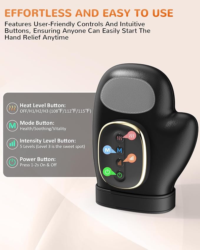 Hand Massager with Heat and Compression: Cordless Hand Massage Glove with 3 Modes, 5 Intensity & 3 Heat Therapy for Arthritis Carpal Tunnel Pain Relief - Fathers Day Dad Gifts (Black)