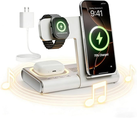 BLKE 3 in 1 Wireless Charging Station with Bluetooth Speaker & Night Light, 33W Foldable Fast Charger Stand for Samsung, iPhone 17/16/15/14/13/12, Apple Watch, AirPods Pro