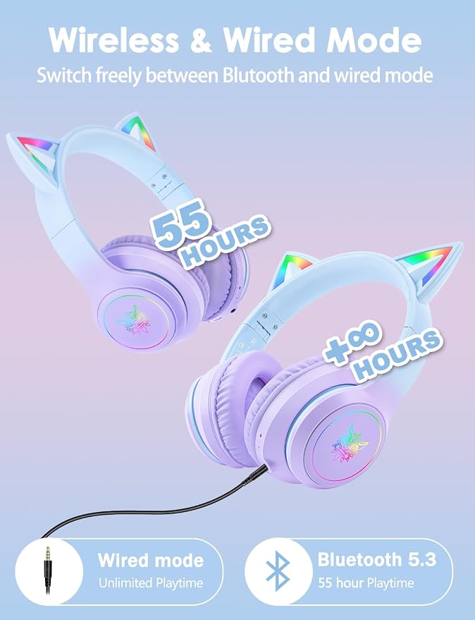 Cat Ear Bluetooth Headphones with Micphone for Kids & Adults, LED Light Up Wireless HI-FI Sound Quality, Over-Ear Headphones with Volume Control for iPhone/iPad/Laptop/PC(55H Play Time)