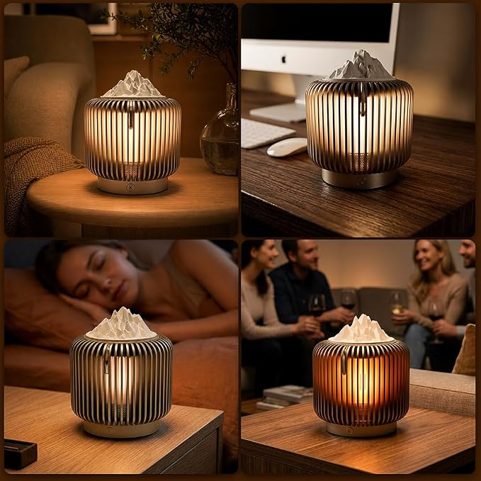 Masdio Bluetooth Speaker & Aroma Diffuser Night Light, Rotating Mountain Aroma Diffuser, Candlelight Mode, Stepless Dimming, 14H Battery, Lantern-Inspired Metal Design for Bedroom