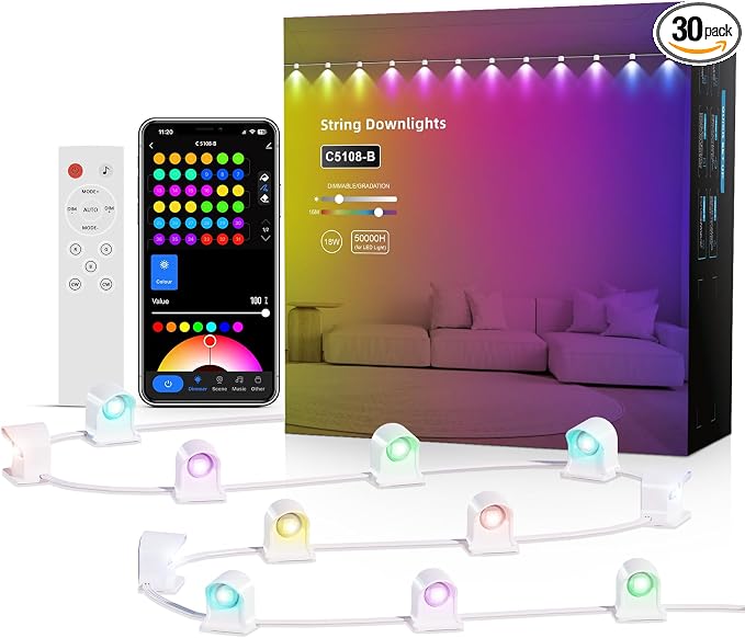 APPECK String Downlights Indoor, 30ft Smart Wall Backlight for Bedroom with 30 Led Lights, 111 Scene Modes, Music Sync Color Changing Deocrative Lighting for Party, Kids Room, Works with Alexa/Google