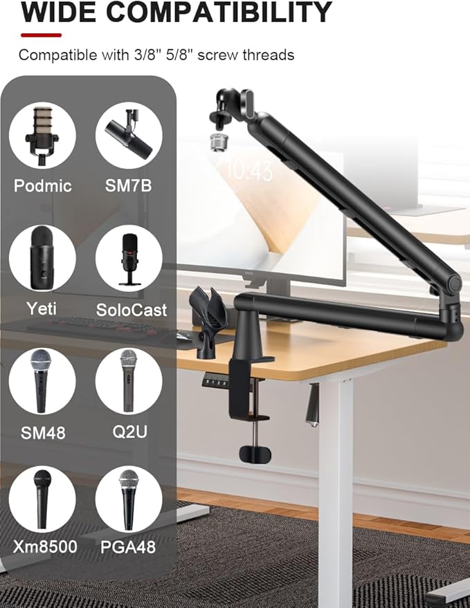 Low Profile Mic Arm Stand,Adjustable Desk Clamp Mic Boom Arm with 360°Swivel and Detachable Rise Column，Built-In Cable Management,with Mic Clip 3/8" to 5/8",For Podcasting and Streaming