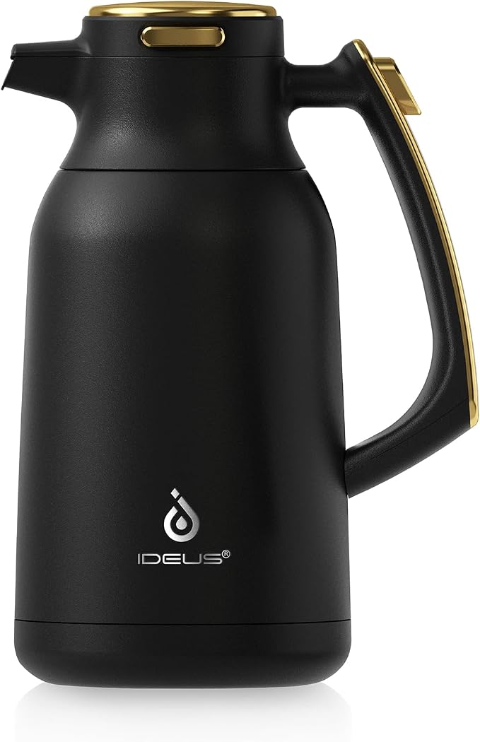IDEUS Thermal Coffee Carafe, Stainless Steel Double Wall Insulated Vacuum Flask, Water Jug Coffee Server and Beverage Dispenser, Heat and Cold Retention (Black-Gold, 68, Fluid Ounces)