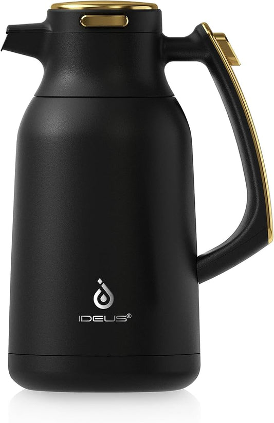 IDEUS Thermal Coffee Carafe, Stainless Steel Double Wall Insulated Vacuum Flask, Water Jug Coffee Server and Beverage Dispenser, Heat and Cold Retention (Black-Gold, 68, Fluid Ounces)