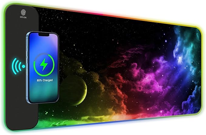 AIMSA Wireless Charging RGB Gaming Mouse Pad 15W, Extended LED Desk Mat Protector 800x300x4MM, 14 Light Modes Extra Large Mousepad Non-Slip Rubber Base Desk Mat, Nebula Universe