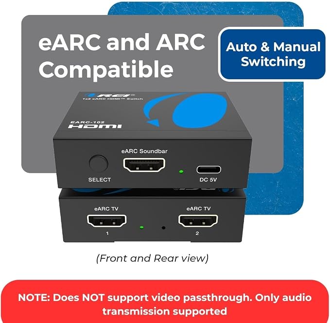 OREI eARC/ARC HDMI 2x1 Audio Switch – Connect One Soundbar/AV Receiver to Two eARC TVs, Supports Dolby Atmos, DTS:X, TrueHD, 32-Channel Audio, Auto/Manual Switching, Heavy-Duty Metal Housing