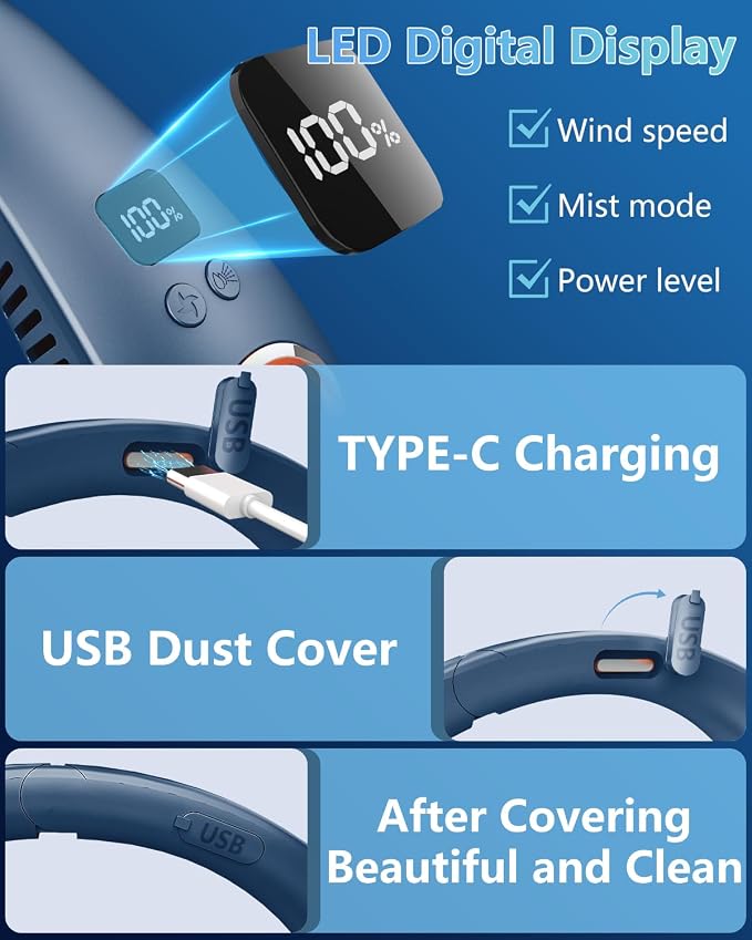Neck Fan with Mist Spray, Bladeless Fans that Blow Cold Air, 5 Speeds, 2 Mist Modes, USB-C Rechargeable, LED Battery & Wind Display, Folding for Outdoor Travel Work, Women Men Kids Gifts (Blue)